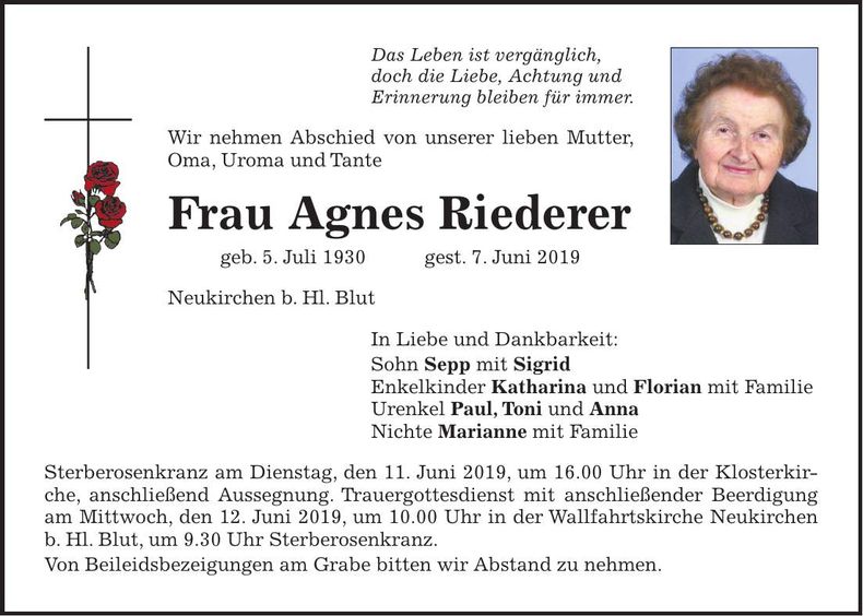 Traueranzeige Agnes Riederer