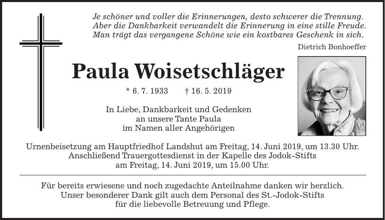 Traueranzeige Paula Woisetschläger