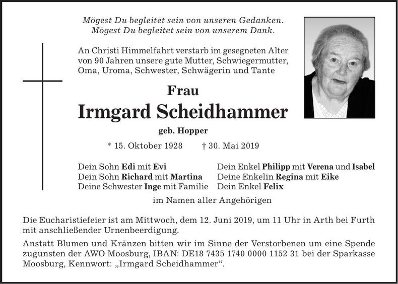 Traueranzeige Irmgard Scheidhammer