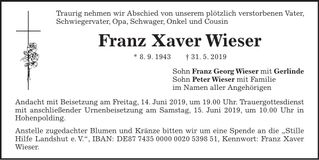 Traueranzeige Franz Xaver Wieser