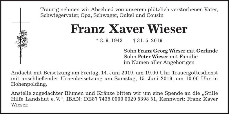 Traueranzeige Franz Xaver Wieser
