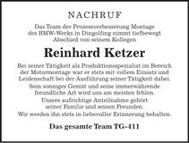 Traueranzeige Reinhard Ketzer