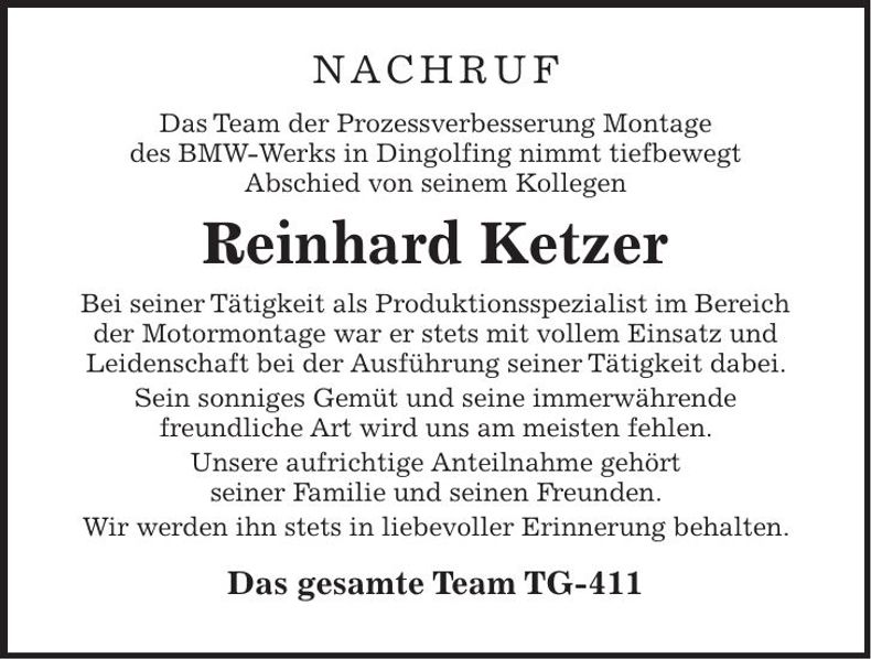 Traueranzeige Reinhard Ketzer