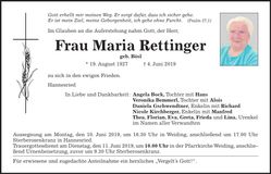 Traueranzeige Maria Rettinger