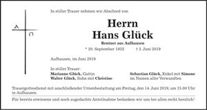Traueranzeige Hans Glück