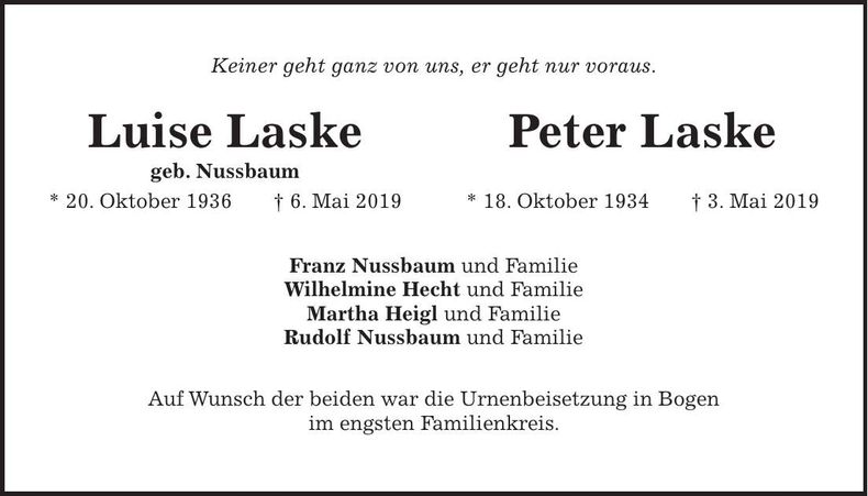 Traueranzeige Luise und Peter Laske