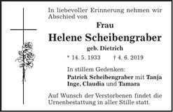 Traueranzeige Helene Scheibengraber