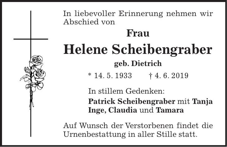 Traueranzeige Helene Scheibengraber