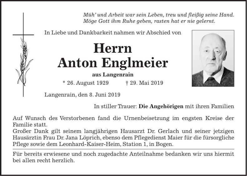 Traueranzeige Anton Englmeier