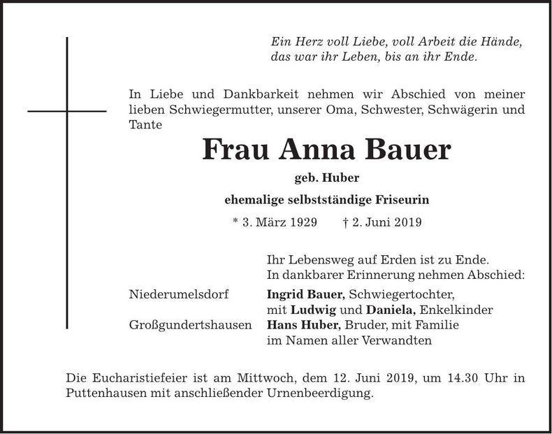 Traueranzeige Anna Bauer