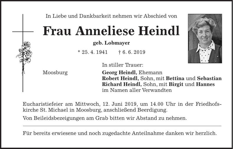 Traueranzeige Anneliese Heindl