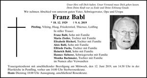 Traueranzeige Franz Babl