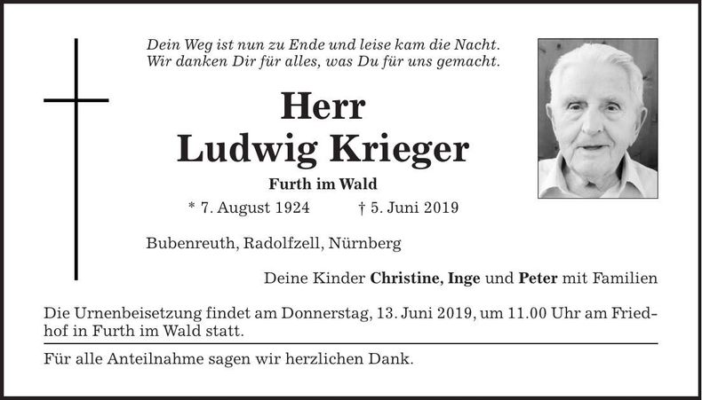 Traueranzeige Ludwig Krieger