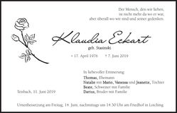 Traueranzeige Klaudia Eckart