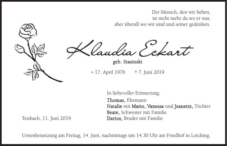 Traueranzeige Klaudia Eckart