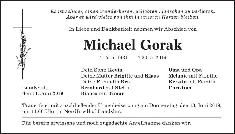 Traueranzeige Michael Gorak