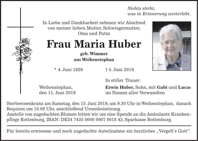 Traueranzeige Maria Huber