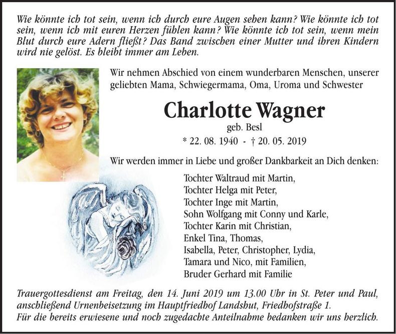 Traueranzeige Charlotte Wagner