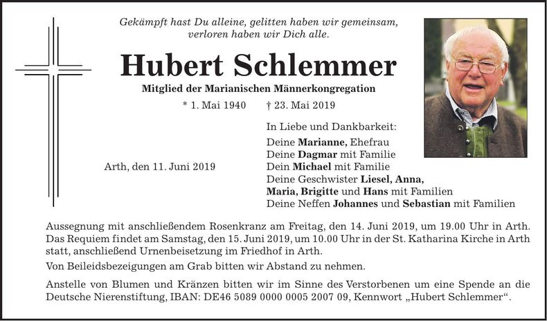 Traueranzeige Hubert Schlemmer