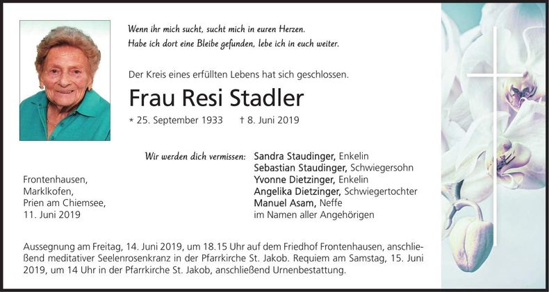 Traueranzeige Resi Stadler