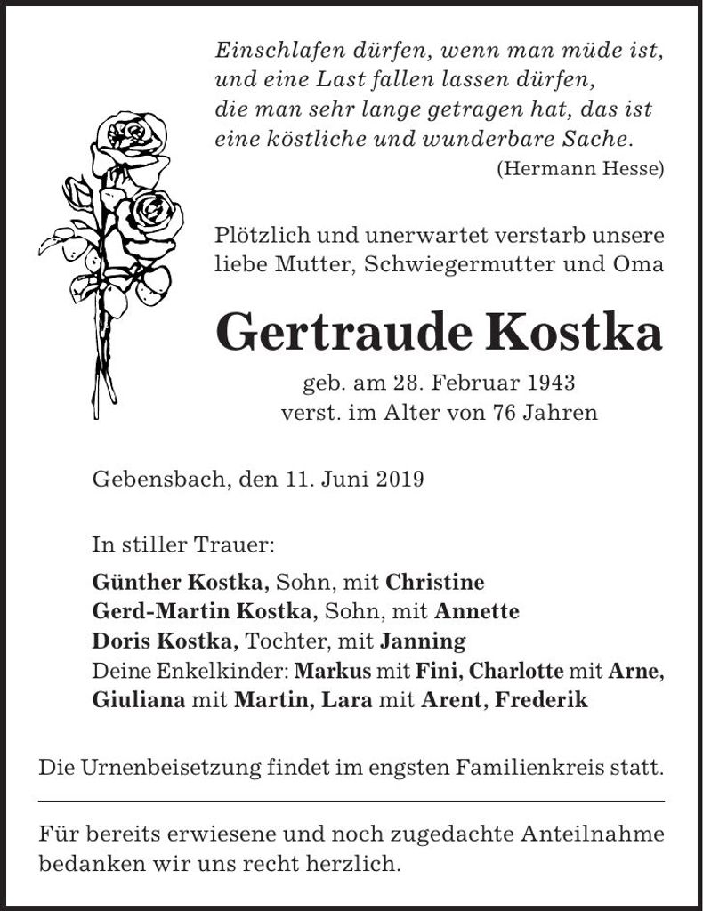 Traueranzeige Gertraude Kostka