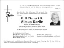 Traueranzeige Simun H. H. Pfarrer i. R. Karlic
