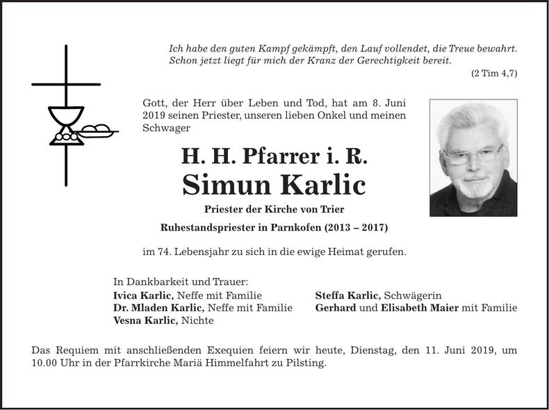 Traueranzeige Simun H. H. Pfarrer i. R. Karlic