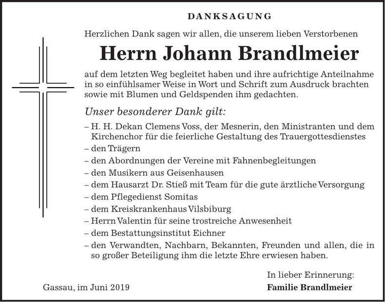 Traueranzeige Johann Brandlmeier