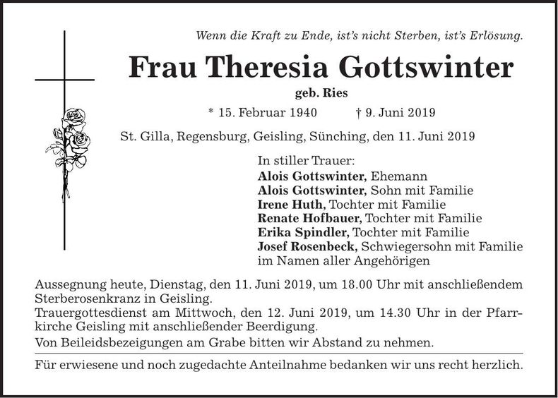 Traueranzeige Theresia Gottswinter