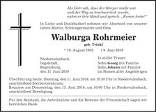Traueranzeige Walburga Rohrmeier