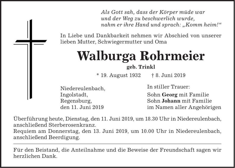 Traueranzeige Walburga Rohrmeier