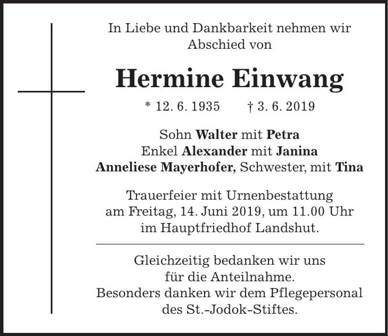 Traueranzeige Hermine Einwang