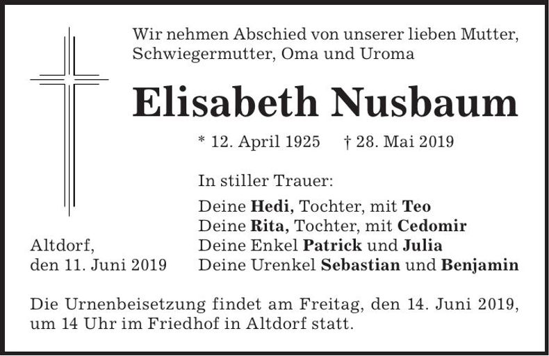 Traueranzeige Elisabeth Nusbaum