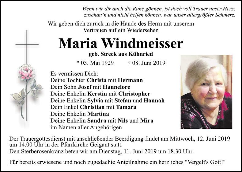 Traueranzeige Maria Windmeisser