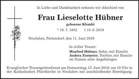 Traueranzeige Liselotte Hübner