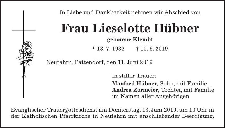 Traueranzeige Liselotte Hübner