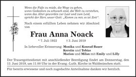 Traueranzeige Anna Noack