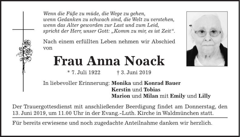 Traueranzeige Anna Noack