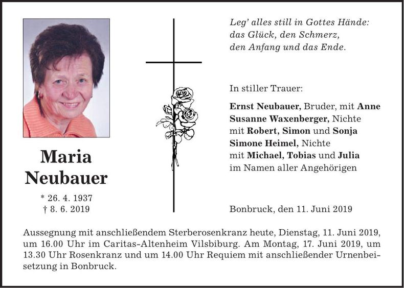 Traueranzeige Maria Neubauer