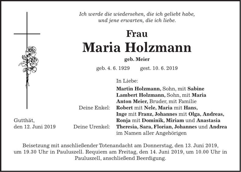 Traueranzeige Maria Holzmann
