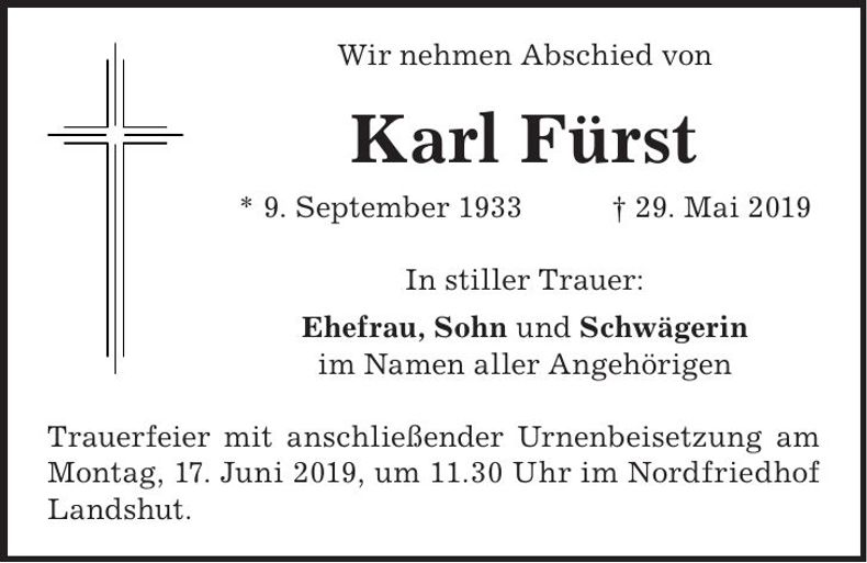 Traueranzeige Karl Fürst