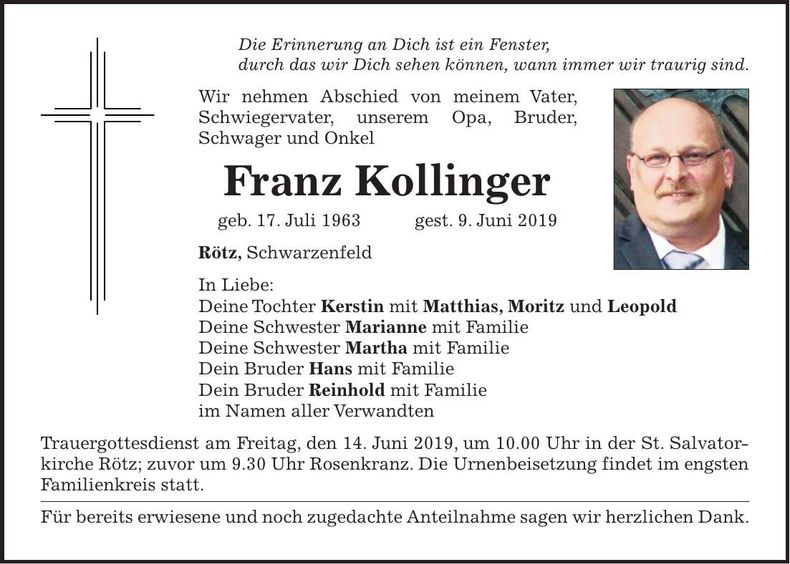 Traueranzeige Franz Kollinger