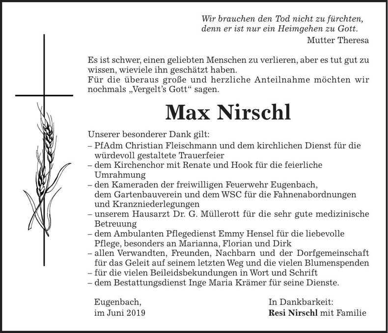 Traueranzeige Max Nirschl