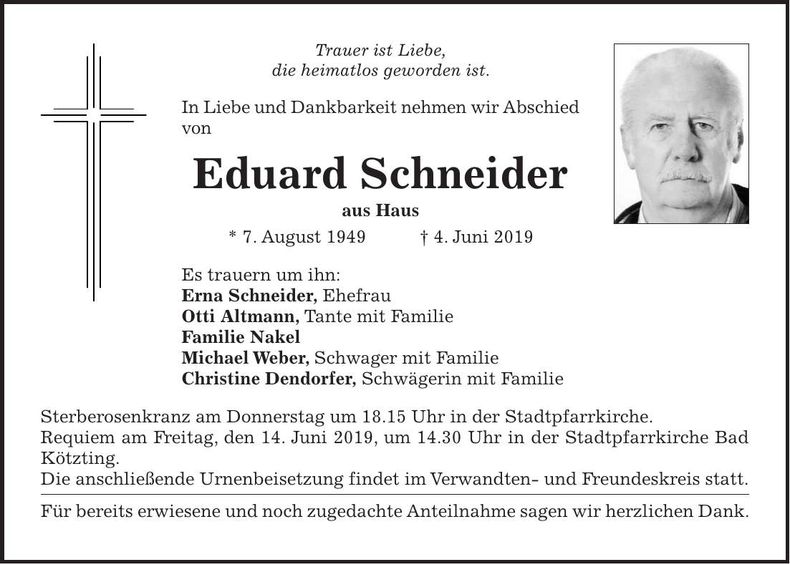 Traueranzeige Eduard Schneider