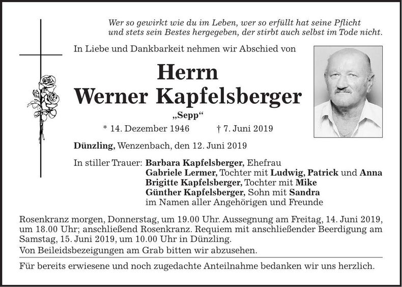 Traueranzeige Werner Kapfelsberger
