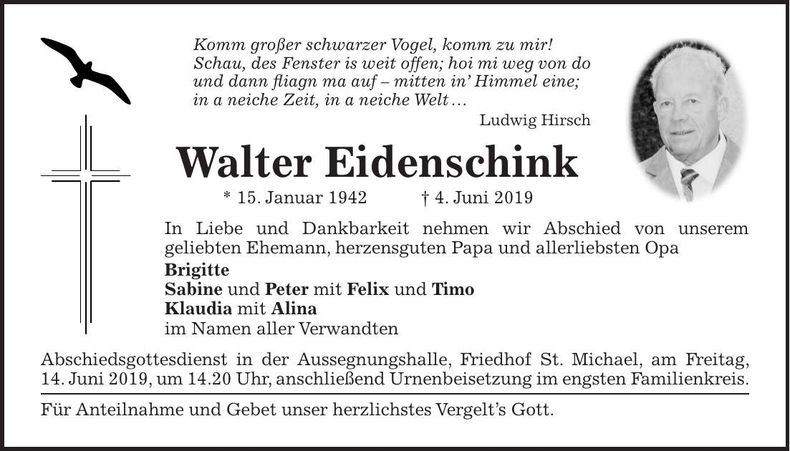 Traueranzeige Walter Eidenschink