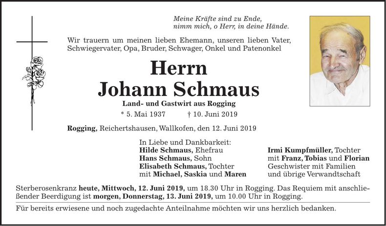 Traueranzeige Johann Schmaus