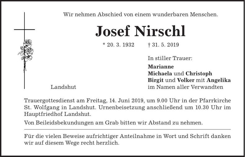 Traueranzeige Josef Nirschl