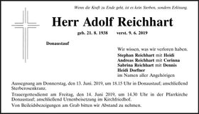 Traueranzeige Adolf Reichhart