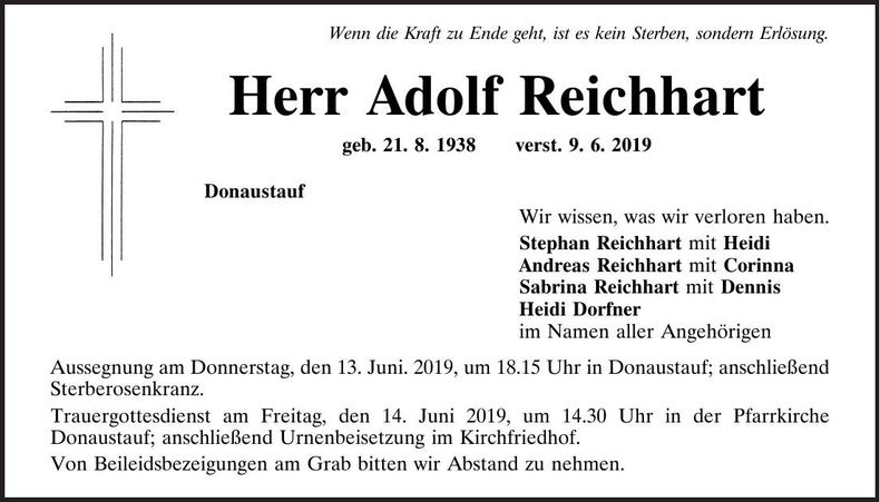 Traueranzeige Adolf Reichhart
